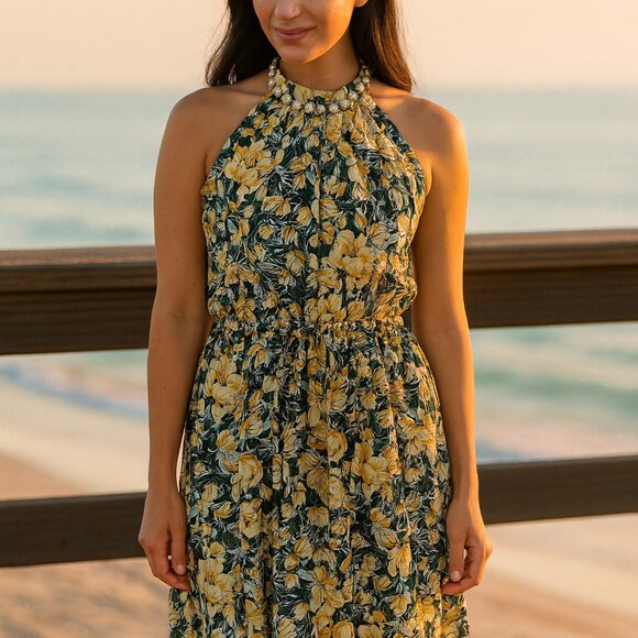 Flowered Dress Woman's Size Medium Polyester Spandex - Picture 1 of 8